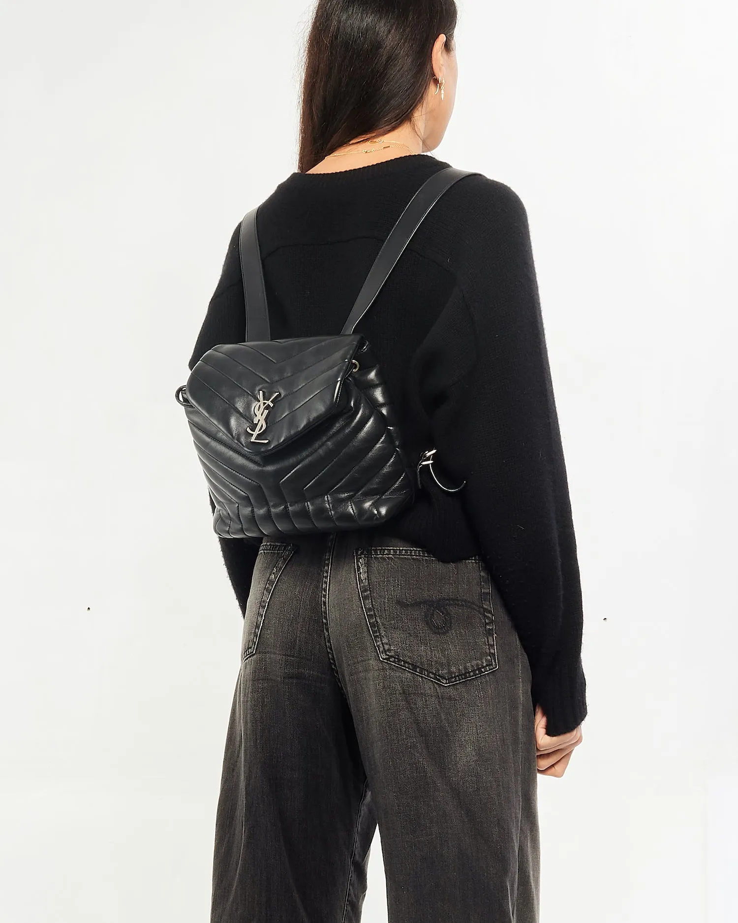 Saint Laurent Black Y Quilted Leather Small Logo Loulou Backpack