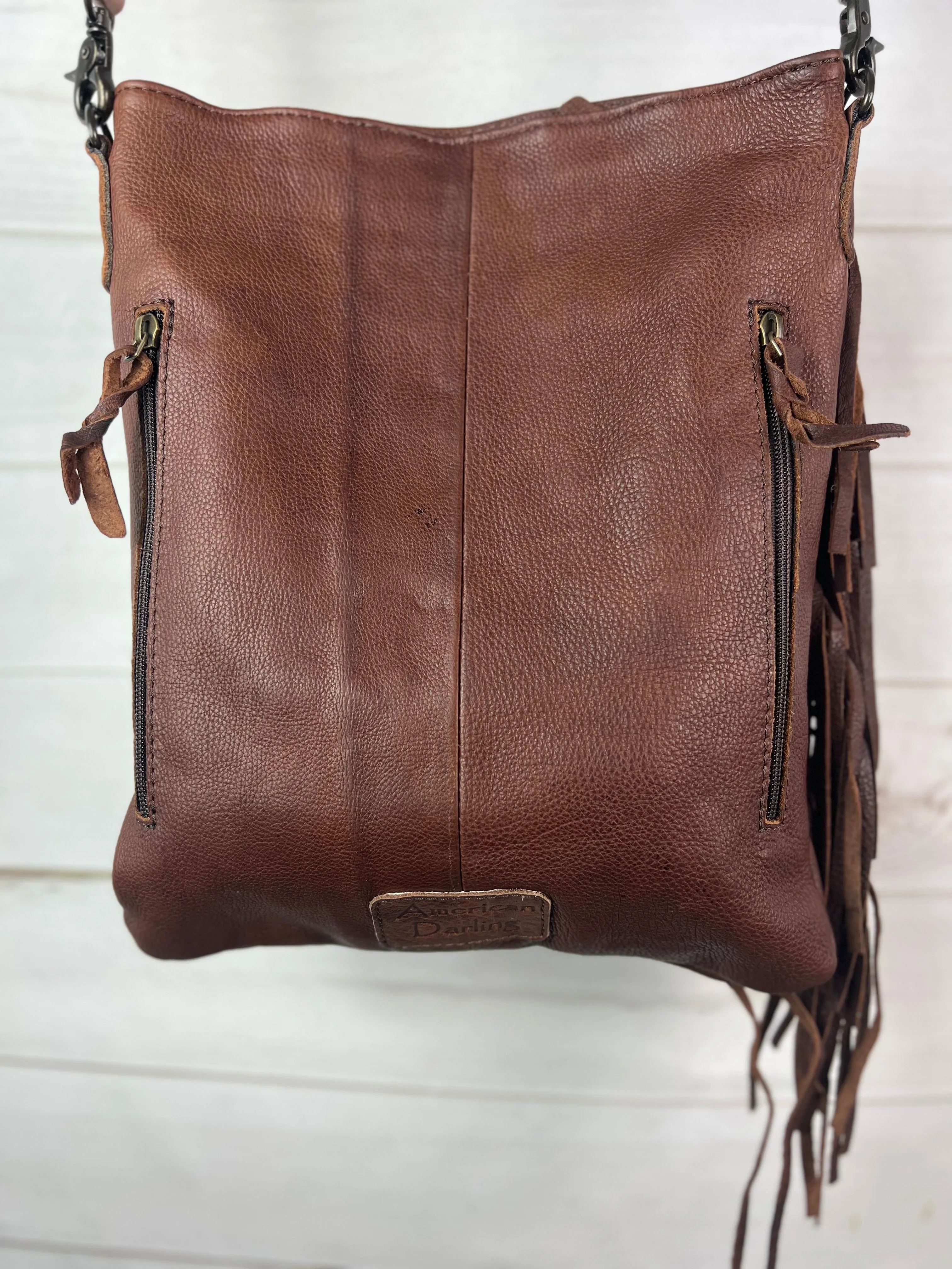 Sale!! La Paz Brown Leather Turquoise Painted Pocket Side Fringe Bag