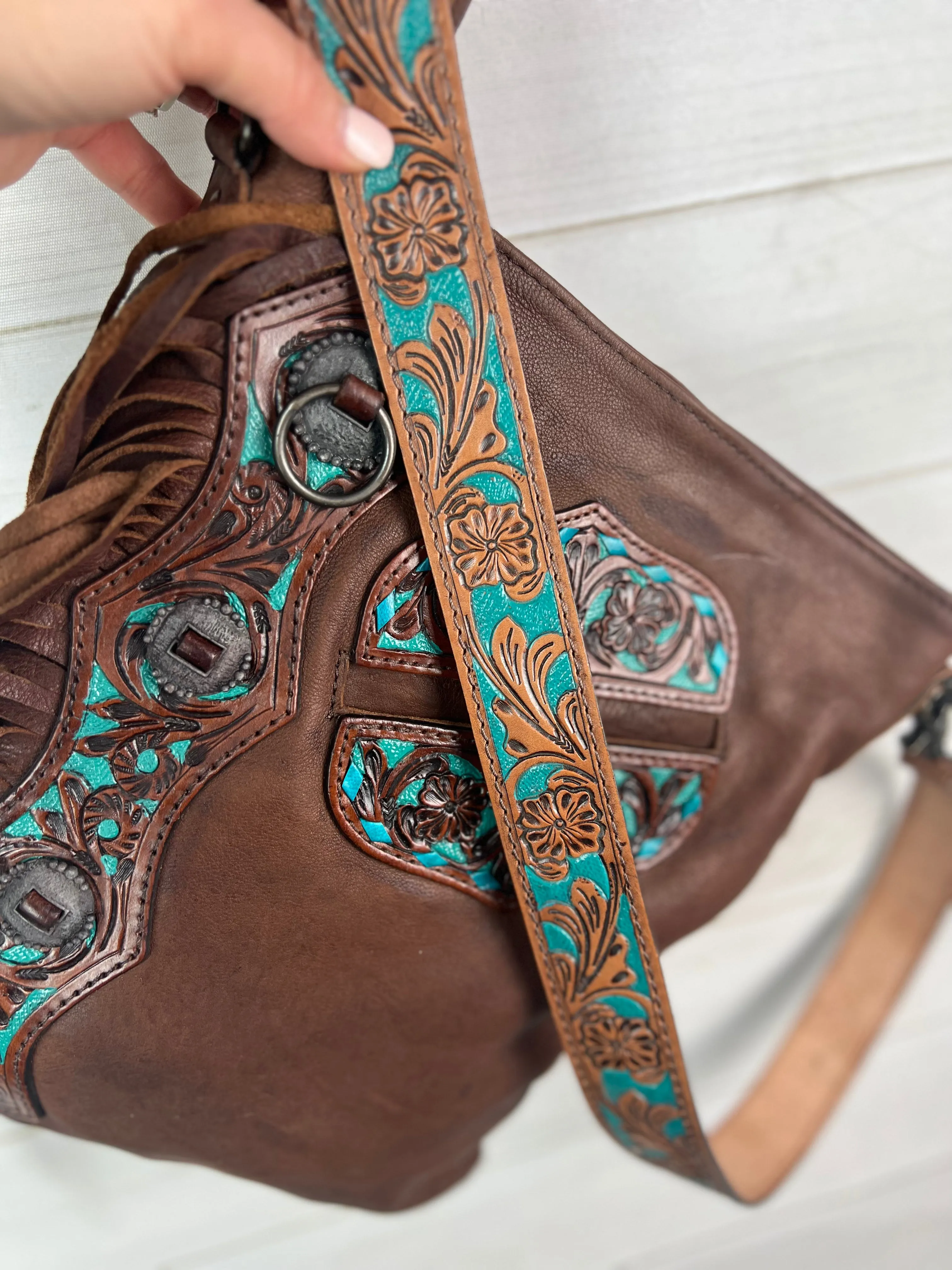 Sale!! La Paz Brown Leather Turquoise Painted Pocket Side Fringe Bag