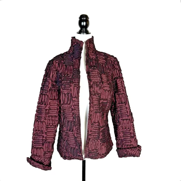 Samuel Dong Women's Dark Red Textured Long Sleeve Dinner Jacket