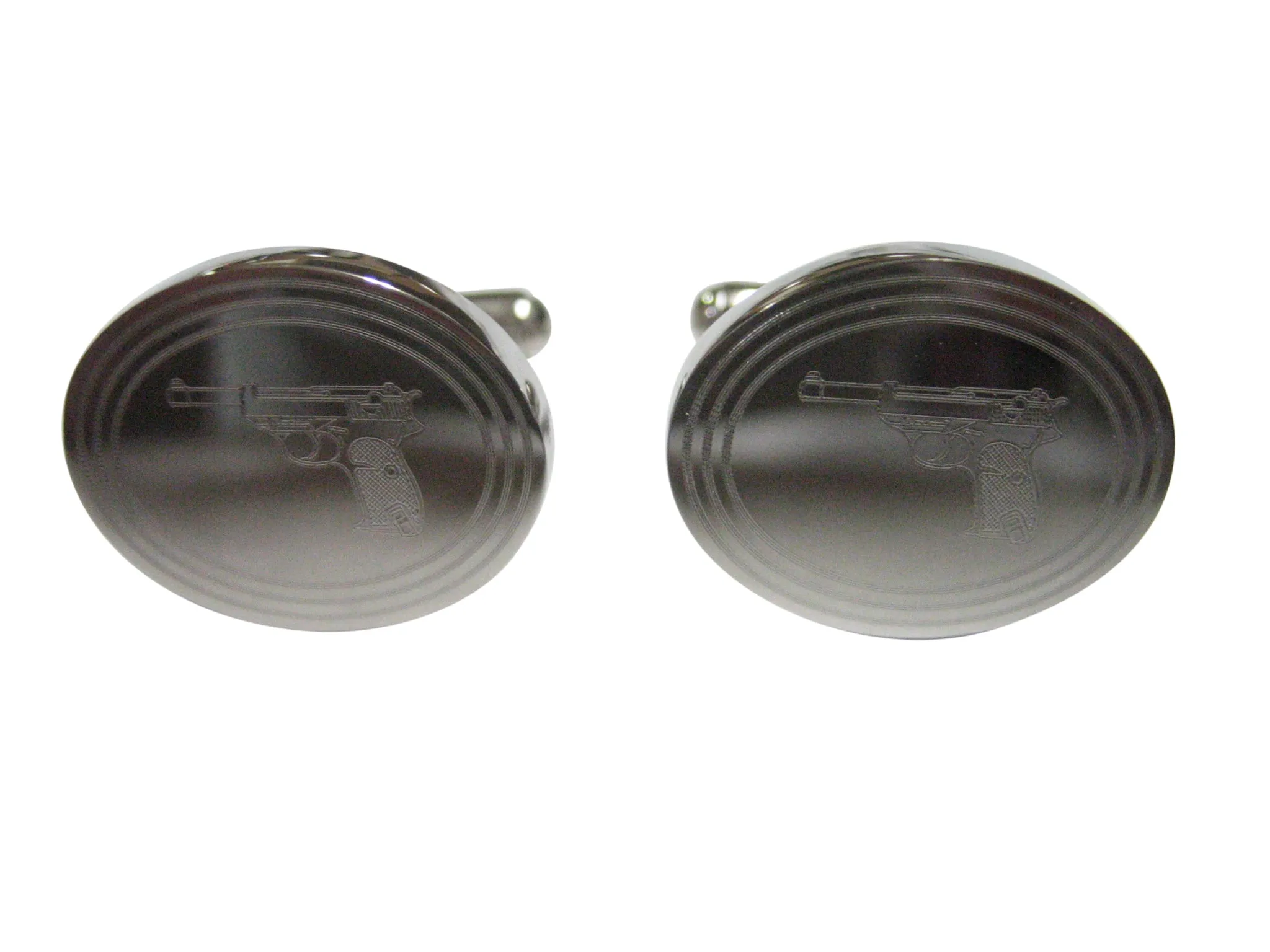 Silver Toned Etched Oval Retro Handgun Cufflinks