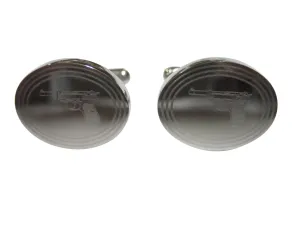 Silver Toned Etched Oval Retro Handgun Cufflinks