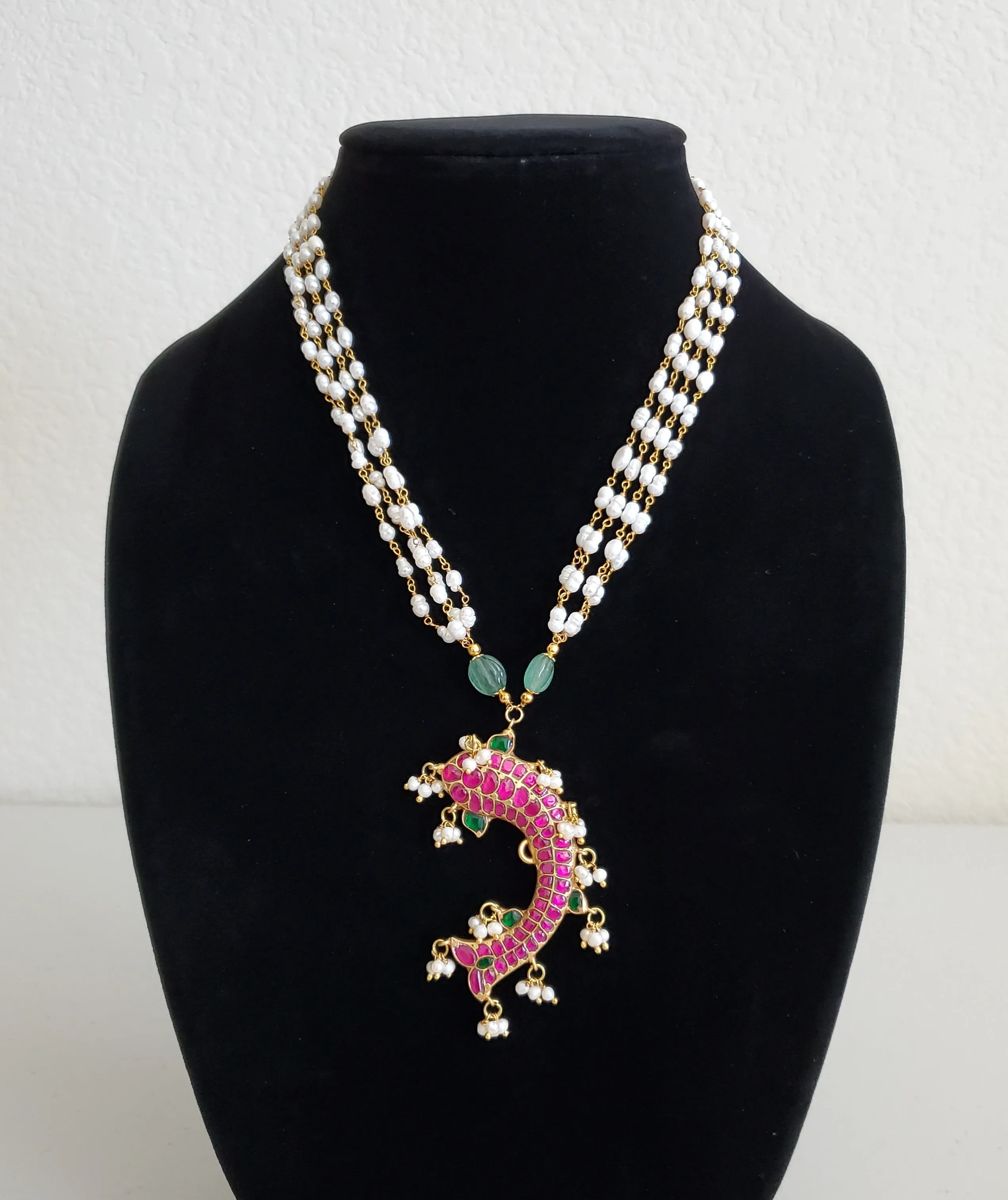 Siri M Jadau Meena Pendant Pearl Chain