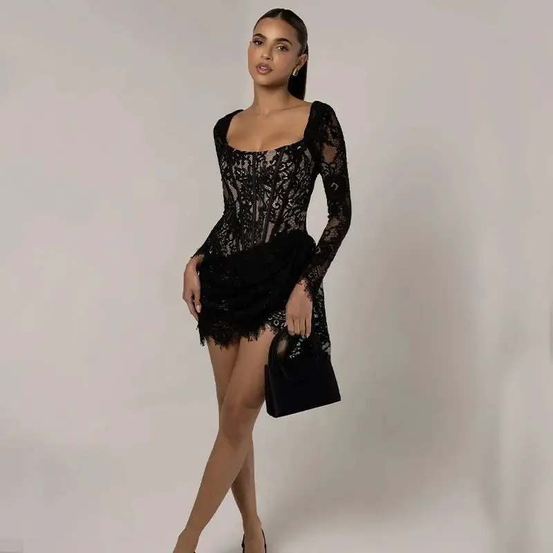 Slim-fit U-neck Long Sleeve Dress - Womens Fashion Dress