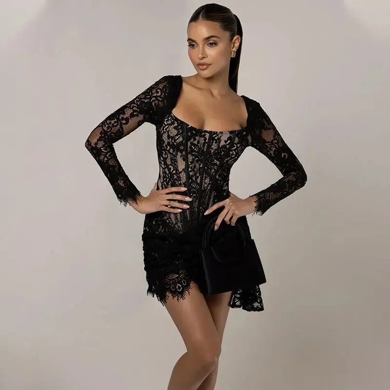 Slim-fit U-neck Long Sleeve Dress - Womens Fashion Dress