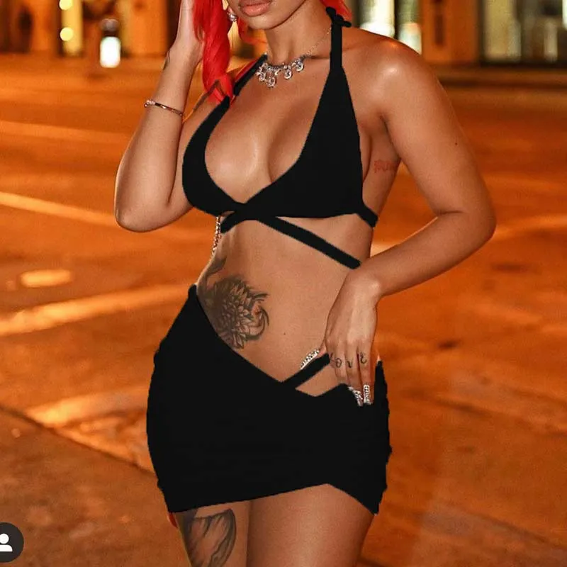 Solid Backless Bandage Two Piece Skirt Set