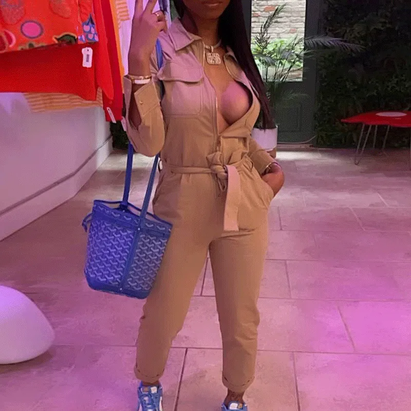 Solid Deep V-Neck Jumpsuit With Belt