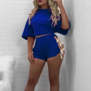 Solid Short Sleeve Crop Top & Bowknot Decoration Shorts Set