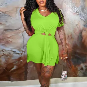 Solid Short Sleeve Tied Irregular Shorts Set