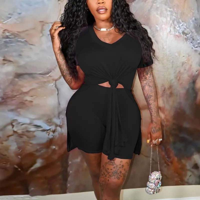 Solid Short Sleeve Tied Irregular Shorts Set
