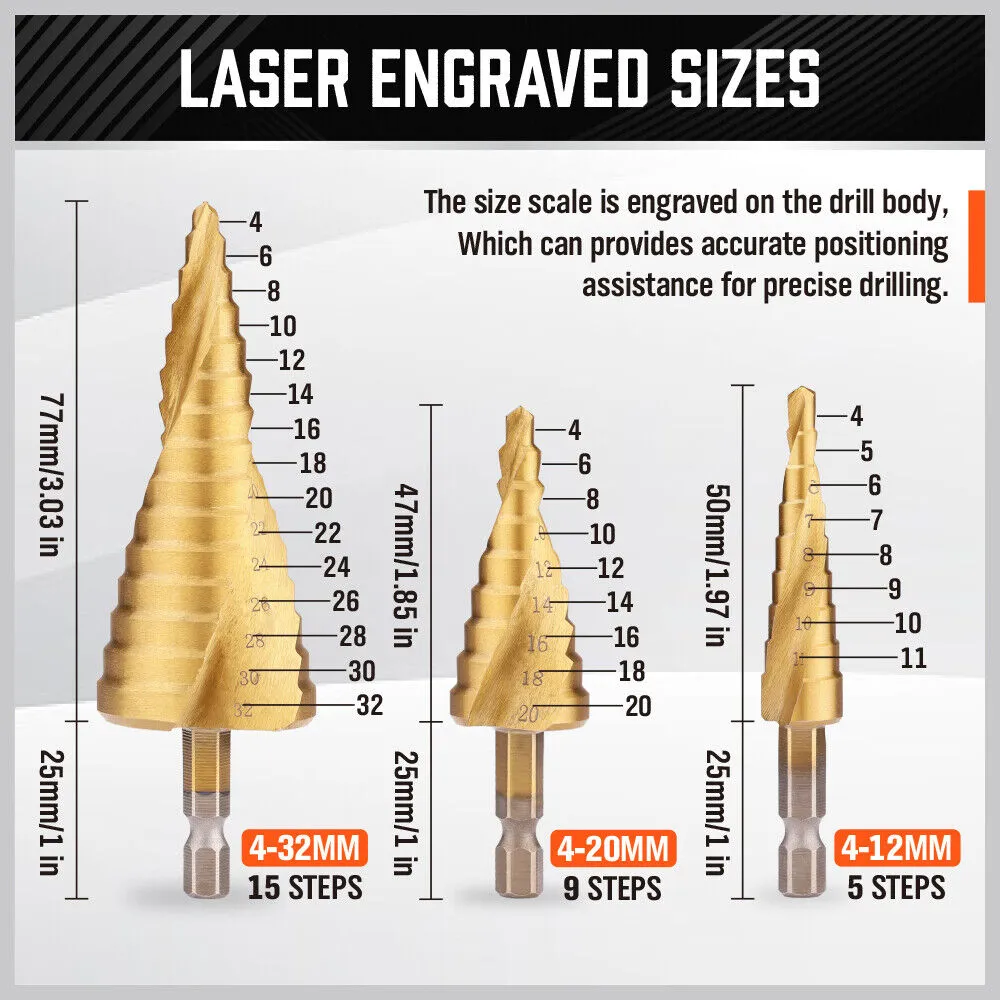 Spiral Step Drill 3 Piece Set | 1/4" | 4-12mm/4-20mm/4-32mm