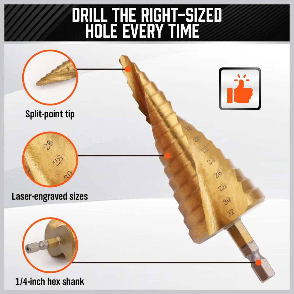 Spiral Step Drill 3 Piece Set | 1/4" | 4-12mm/4-20mm/4-32mm