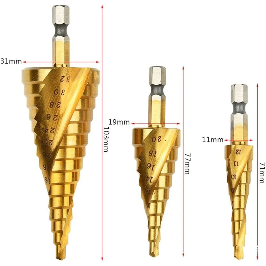 Spiral Step Drill 3 Piece Set | 1/4" | 4-12mm/4-20mm/4-32mm