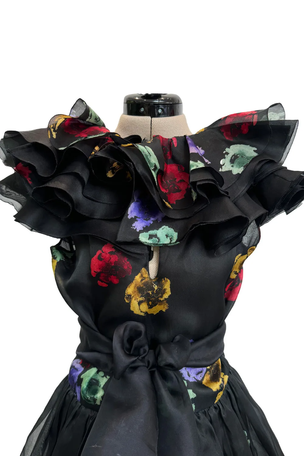 Spring 1981 Unlabeled Christian Dior Floral Print Silk Organza Dress w Ruffled Shoulders
