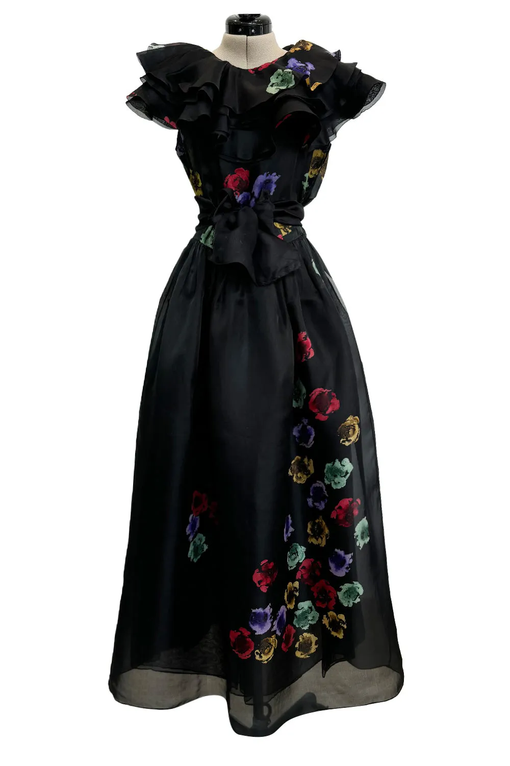 Spring 1981 Unlabeled Christian Dior Floral Print Silk Organza Dress w Ruffled Shoulders