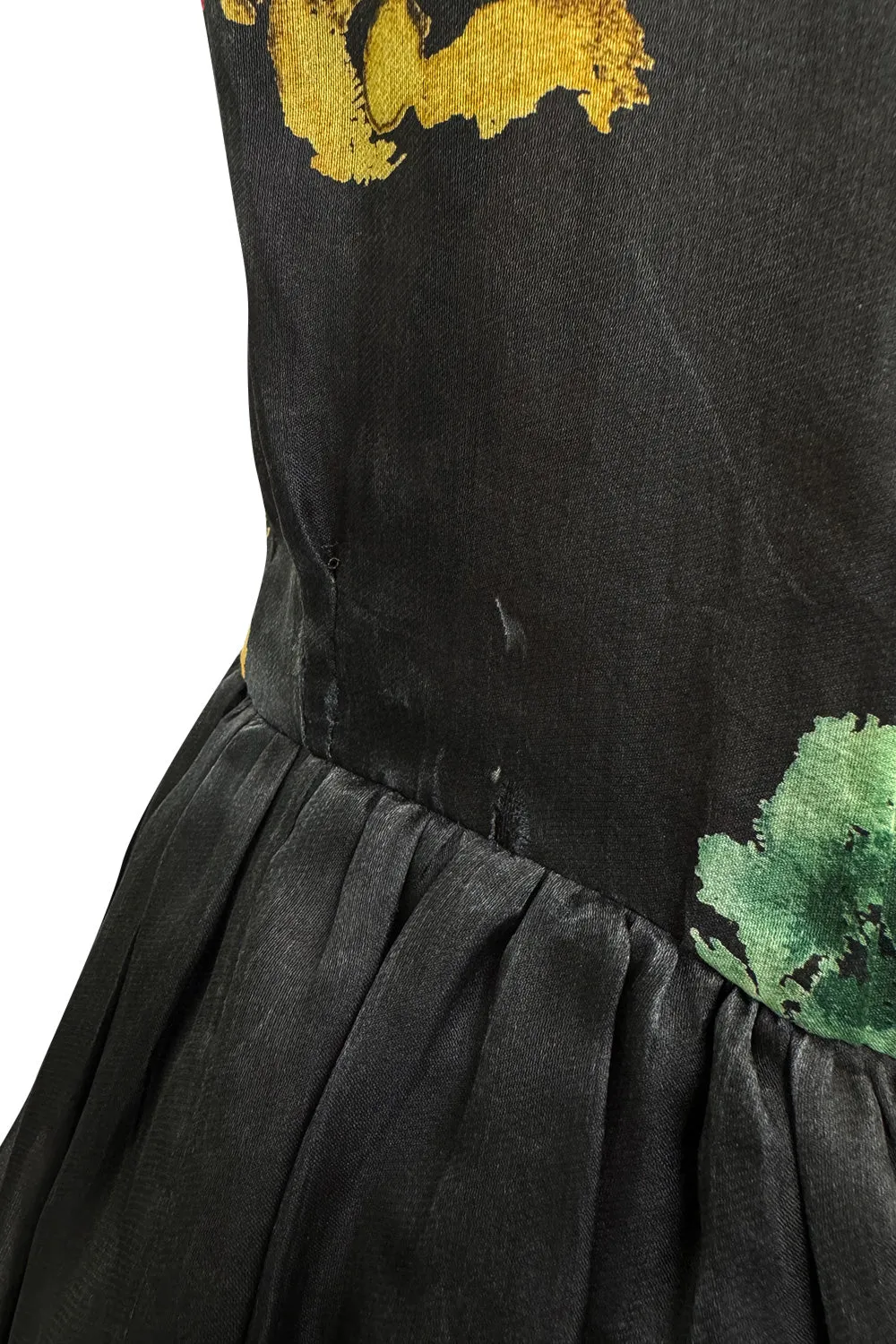 Spring 1981 Unlabeled Christian Dior Floral Print Silk Organza Dress w Ruffled Shoulders
