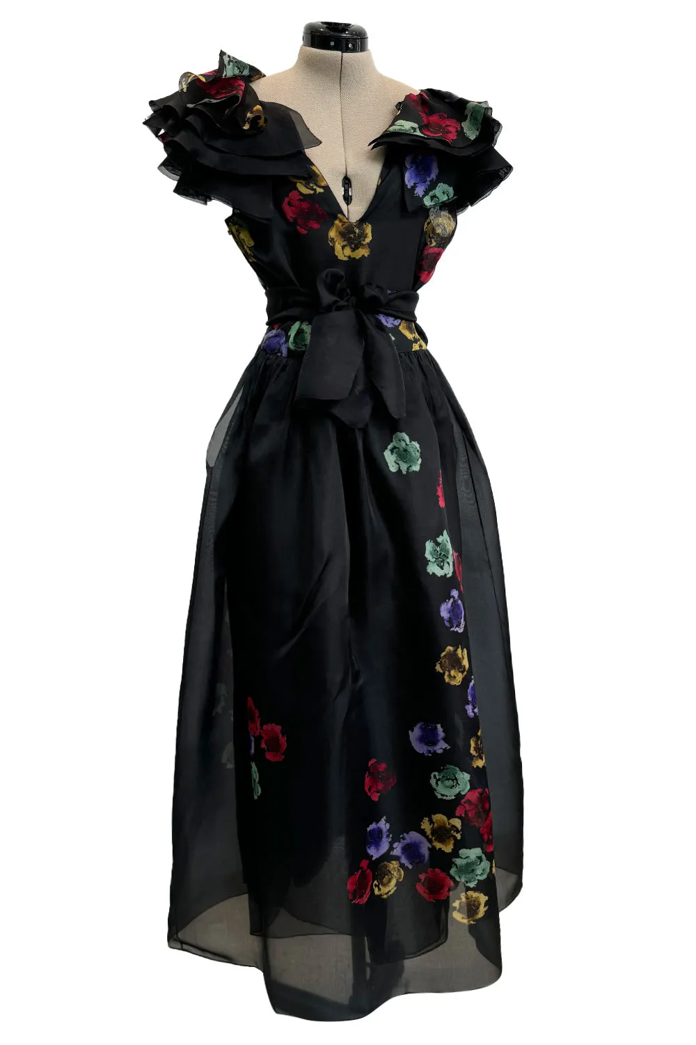 Spring 1981 Unlabeled Christian Dior Floral Print Silk Organza Dress w Ruffled Shoulders