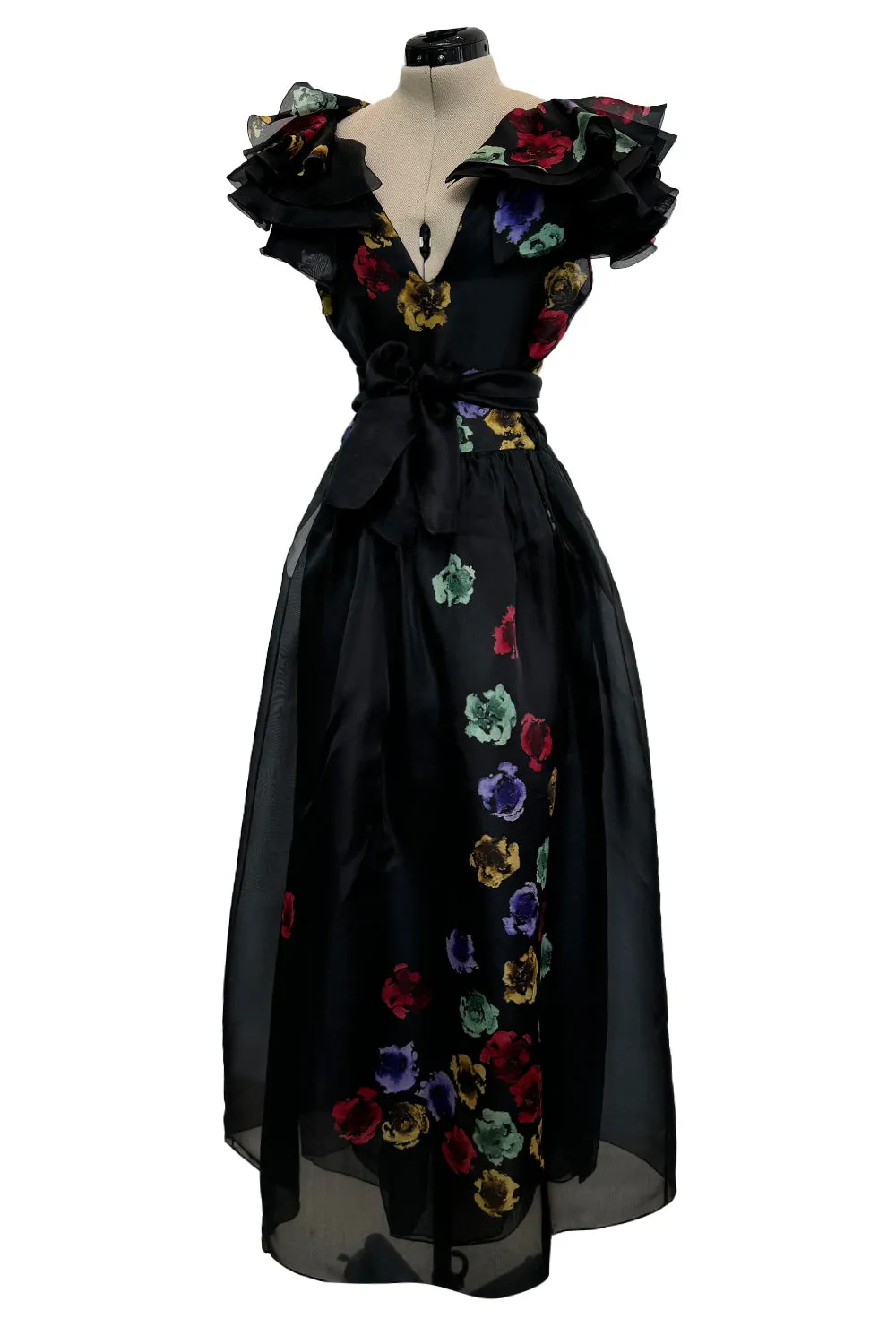 Spring 1981 Unlabeled Christian Dior Floral Print Silk Organza Dress w Ruffled Shoulders