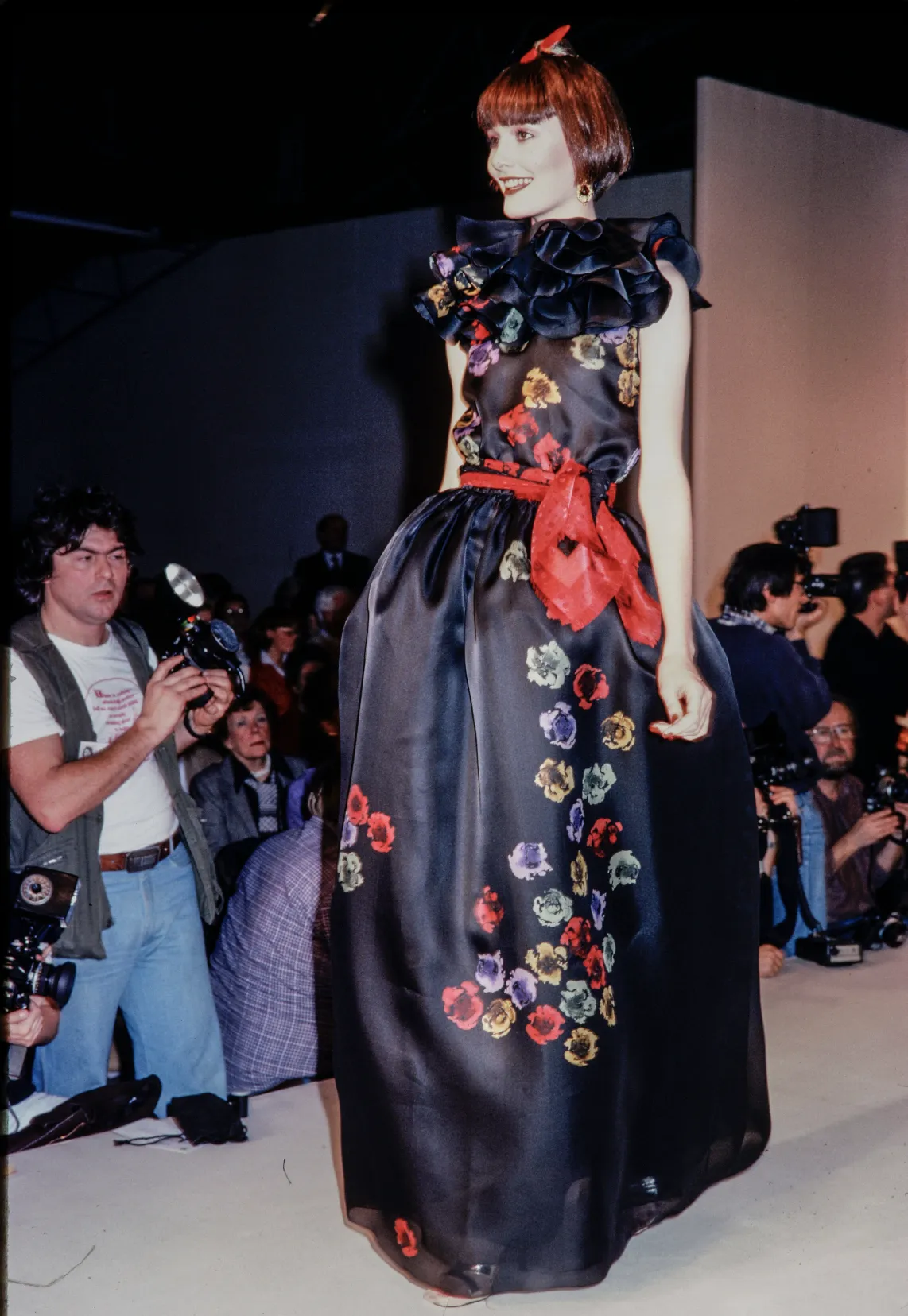 Spring 1981 Unlabeled Christian Dior Floral Print Silk Organza Dress w Ruffled Shoulders