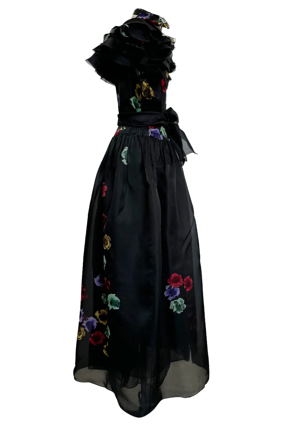 Spring 1981 Unlabeled Christian Dior Floral Print Silk Organza Dress w Ruffled Shoulders