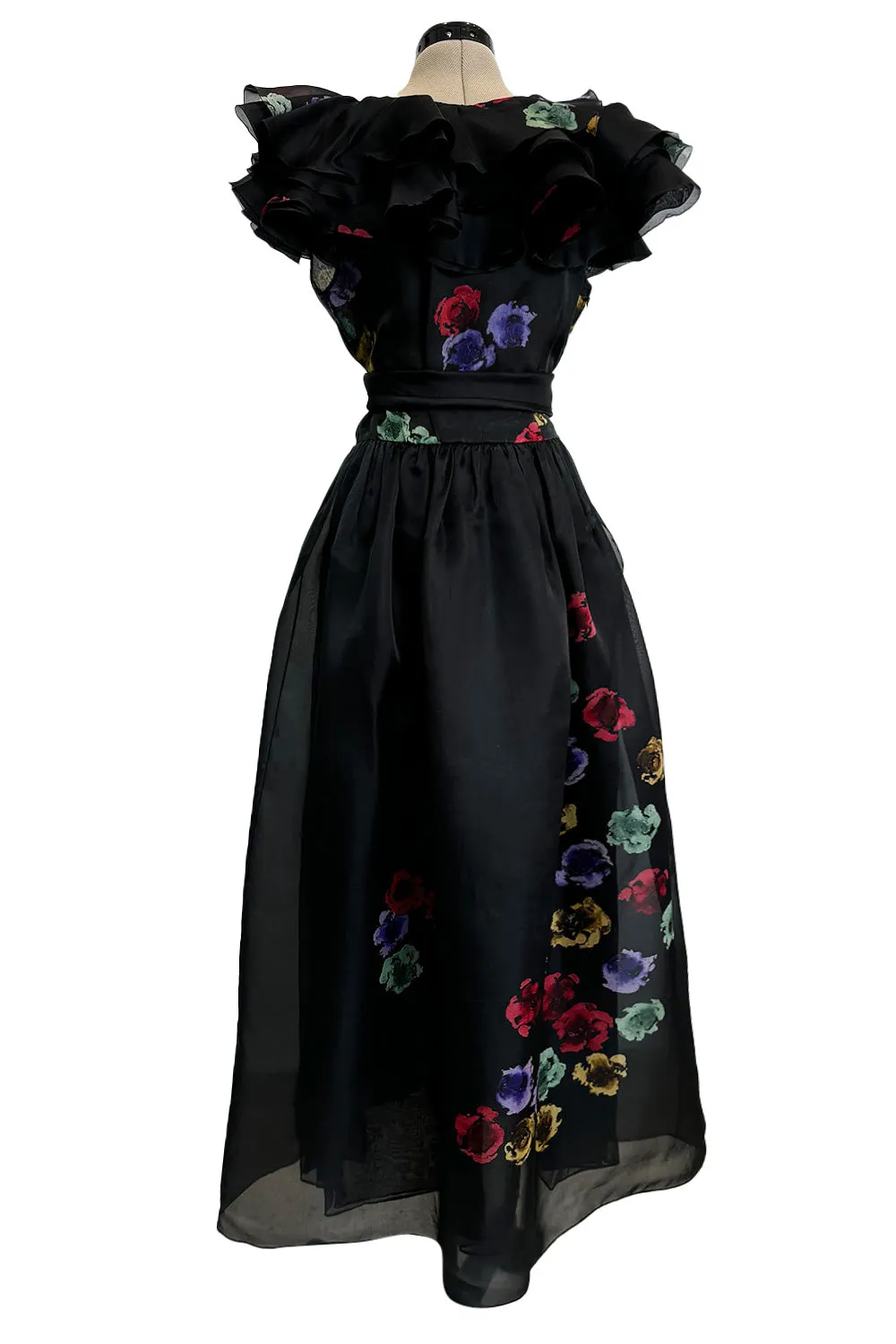 Spring 1981 Unlabeled Christian Dior Floral Print Silk Organza Dress w Ruffled Shoulders