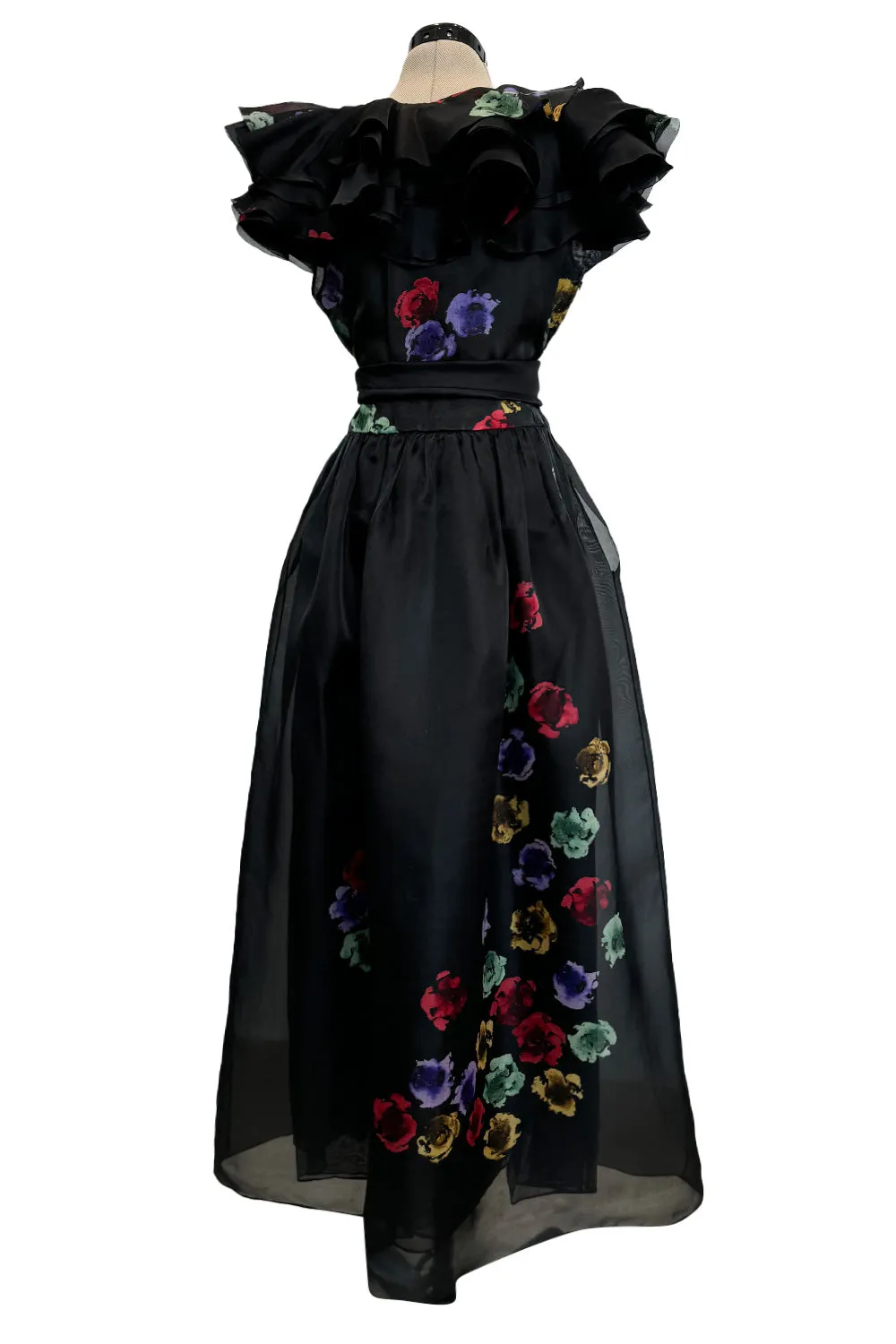 Spring 1981 Unlabeled Christian Dior Floral Print Silk Organza Dress w Ruffled Shoulders