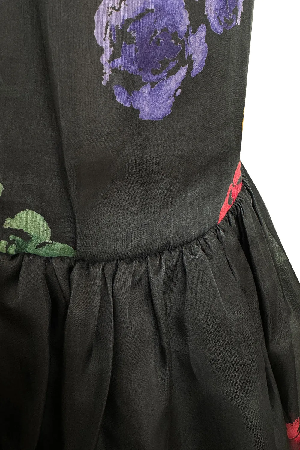 Spring 1981 Unlabeled Christian Dior Floral Print Silk Organza Dress w Ruffled Shoulders