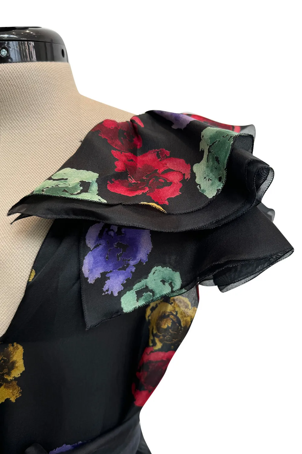 Spring 1981 Unlabeled Christian Dior Floral Print Silk Organza Dress w Ruffled Shoulders