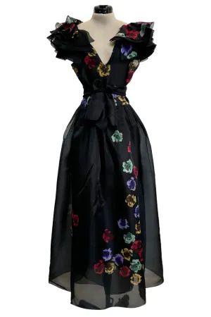 Spring 1981 Unlabeled Christian Dior Floral Print Silk Organza Dress w Ruffled Shoulders