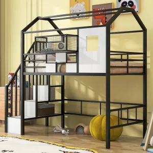 Stairway Twin Size House Loft Bed with Stairs and Storage Box Black