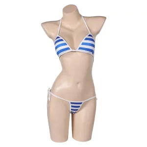 Street Fighter Cammy Blue-white Striped Sexy Bikini Swimsuit Swimwear Cosplay Costume Outfits