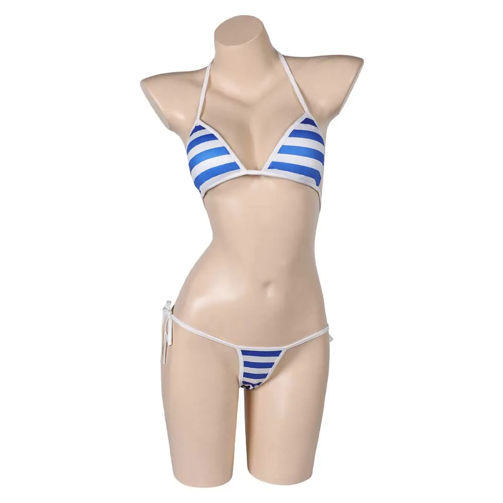Street Fighter Cammy Blue-white Striped Sexy Bikini Swimsuit Swimwear Cosplay Costume Outfits