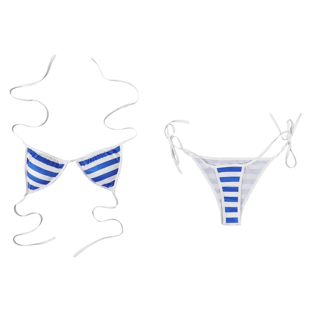 Street Fighter Cammy Blue-white Striped Sexy Bikini Swimsuit Swimwear Cosplay Costume Outfits