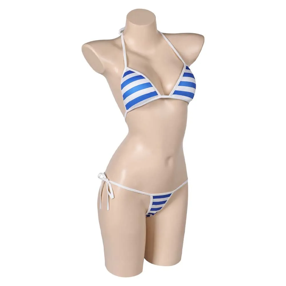Street Fighter Cammy Blue-white Striped Sexy Bikini Swimsuit Swimwear Cosplay Costume Outfits