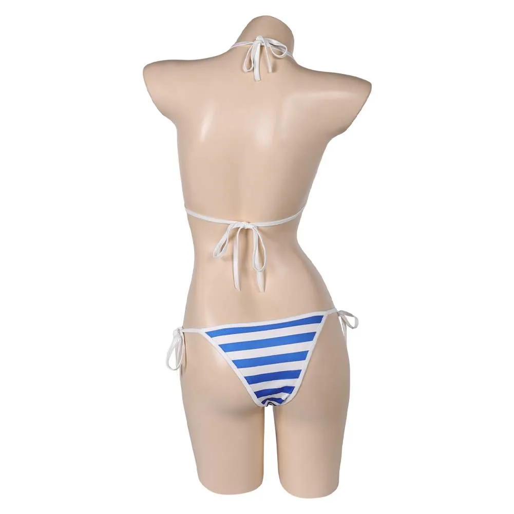 Street Fighter Cammy Blue-white Striped Sexy Bikini Swimsuit Swimwear Cosplay Costume Outfits
