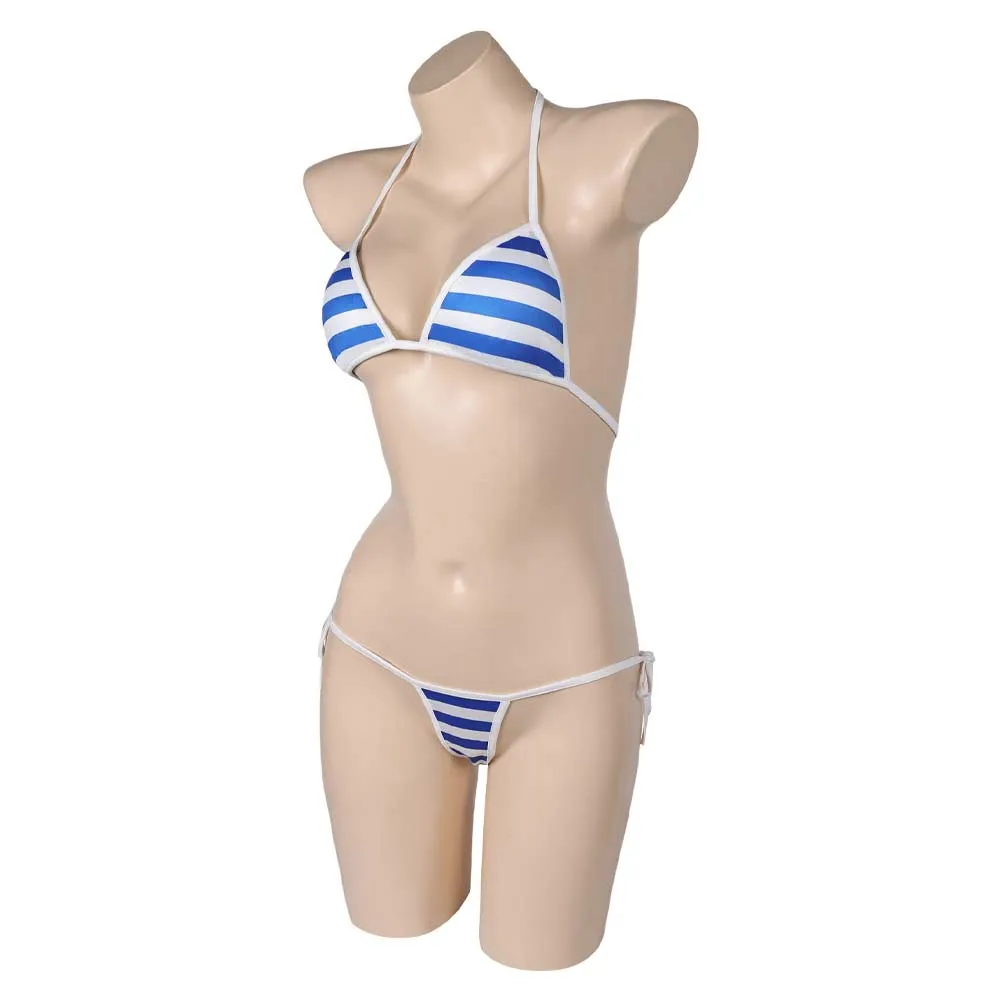 Street Fighter Cammy Blue-white Striped Sexy Bikini Swimsuit Swimwear Cosplay Costume Outfits