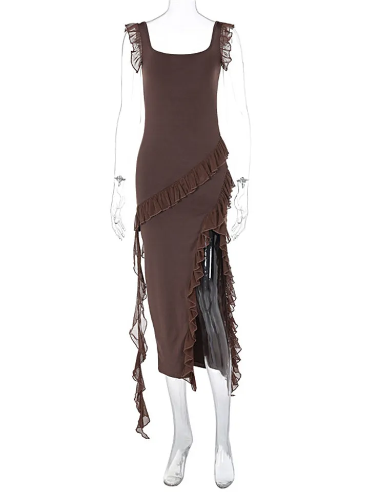 Summer Sexy Ladies High Split Backless Ruffle Mesh Dress
