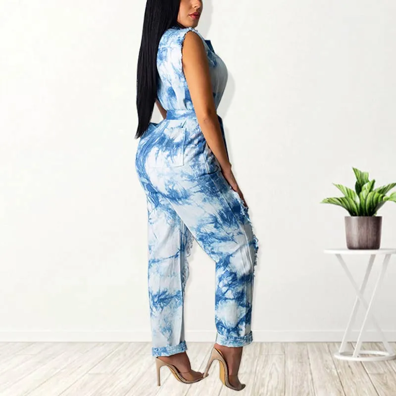 Tie Dye Print Sleeveless Cut Out Jumpsuit