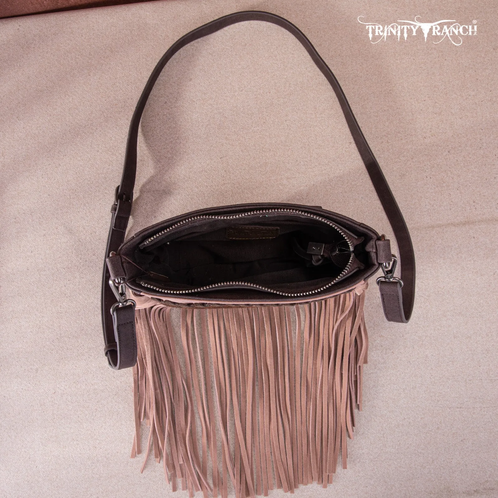TR171-8360  Trinity Ranch Hair-On Cowhide Fringe Crossbody Bag -Coffee