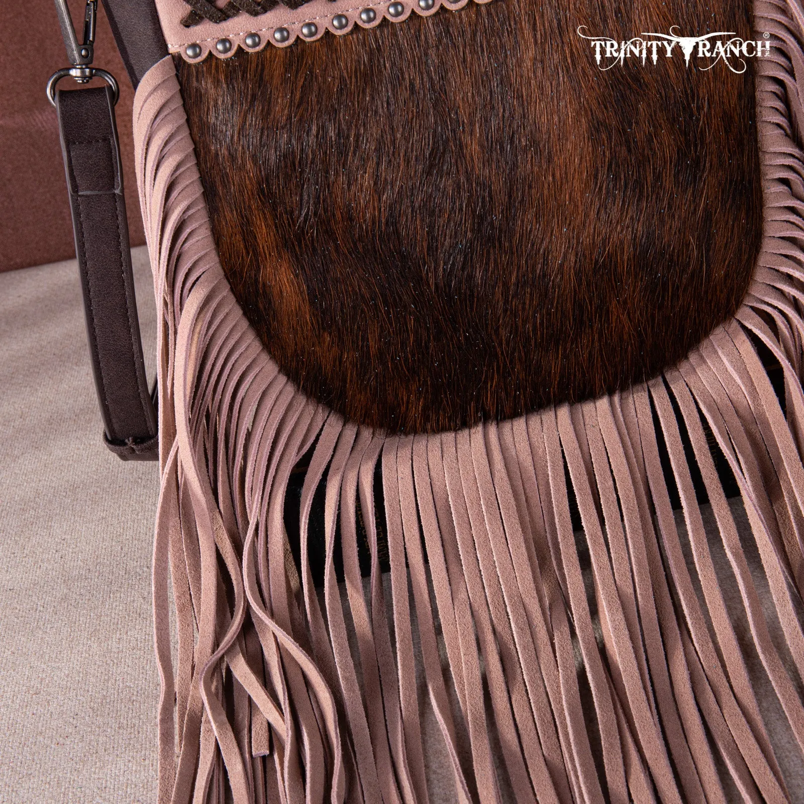 TR171-8360  Trinity Ranch Hair-On Cowhide Fringe Crossbody Bag -Coffee