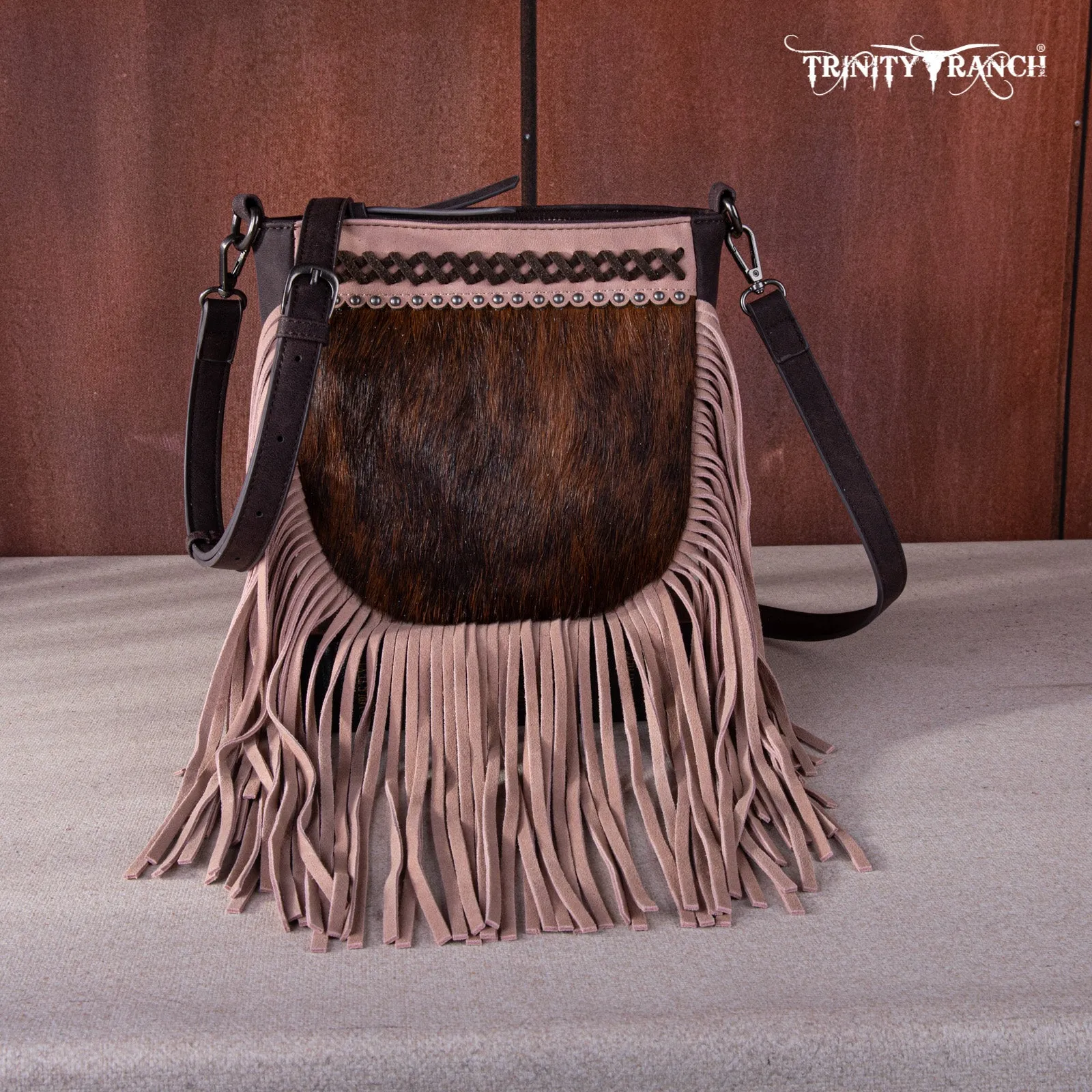 TR171-8360  Trinity Ranch Hair-On Cowhide Fringe Crossbody Bag -Coffee