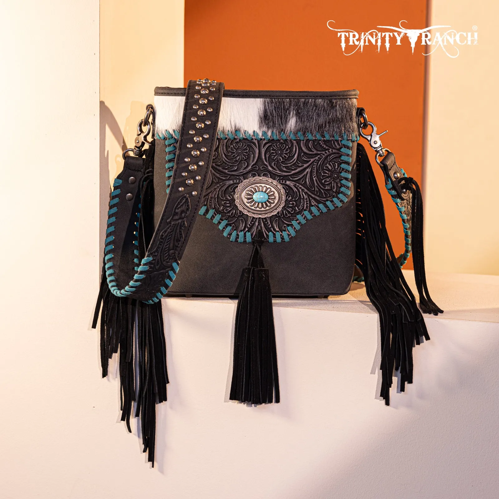 TR177G-9360  Trinity Ranch Hair-On Cowhide Floral Tooled  Concealed Carry Crossbody Bag - Black