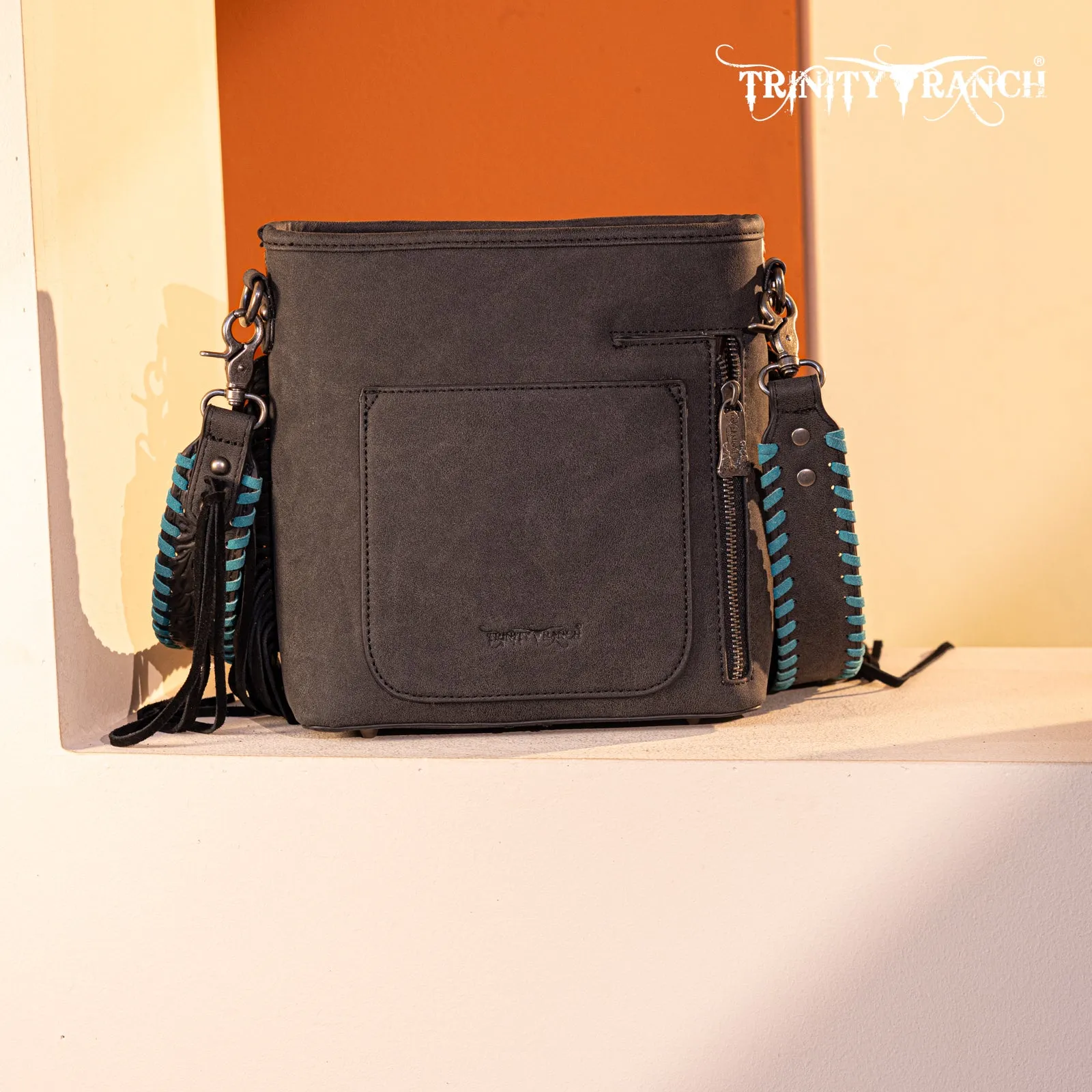 TR177G-9360  Trinity Ranch Hair-On Cowhide Floral Tooled  Concealed Carry Crossbody Bag - Black