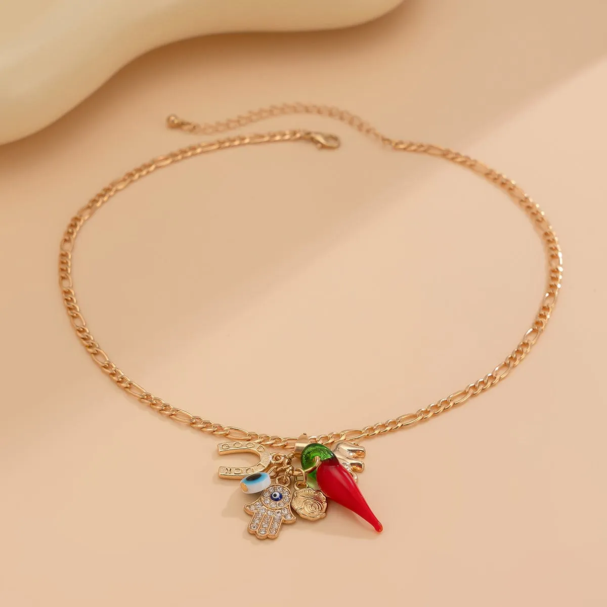 Trendy Glass Chili Evil Eye Lucky Horseshoe Pendant Necklace