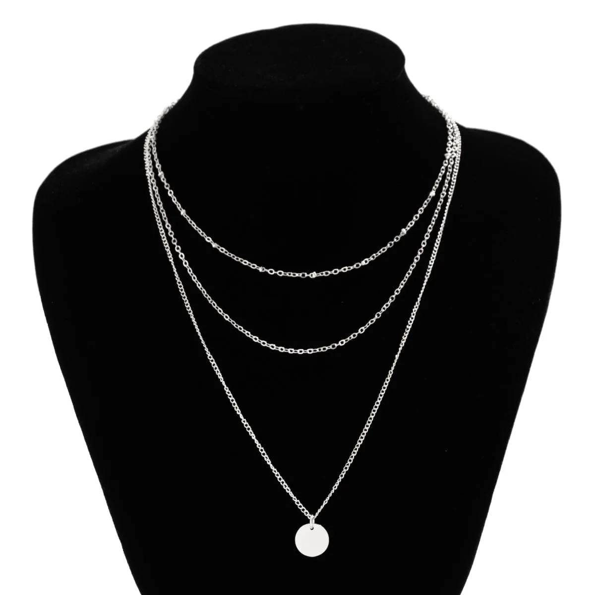 Trendy Layered Round Disk Pendant Cable Chain Necklace Set