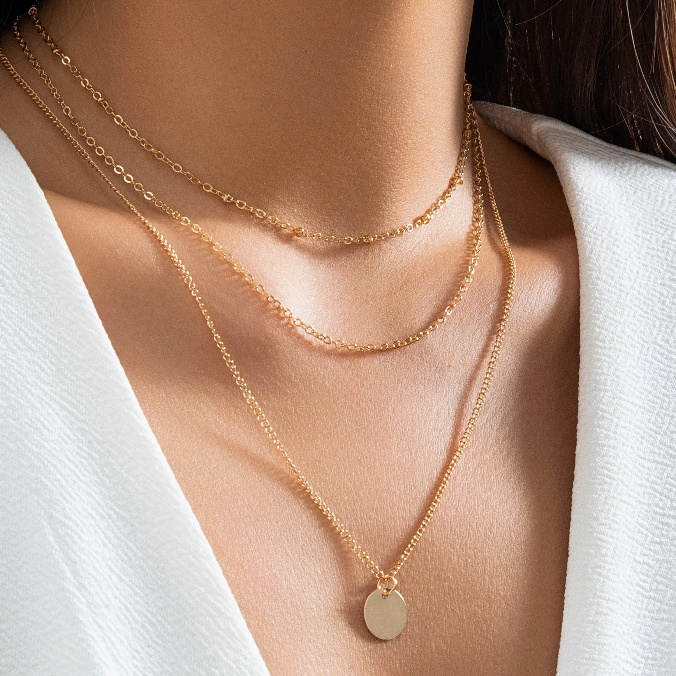Trendy Layered Round Disk Pendant Cable Chain Necklace Set