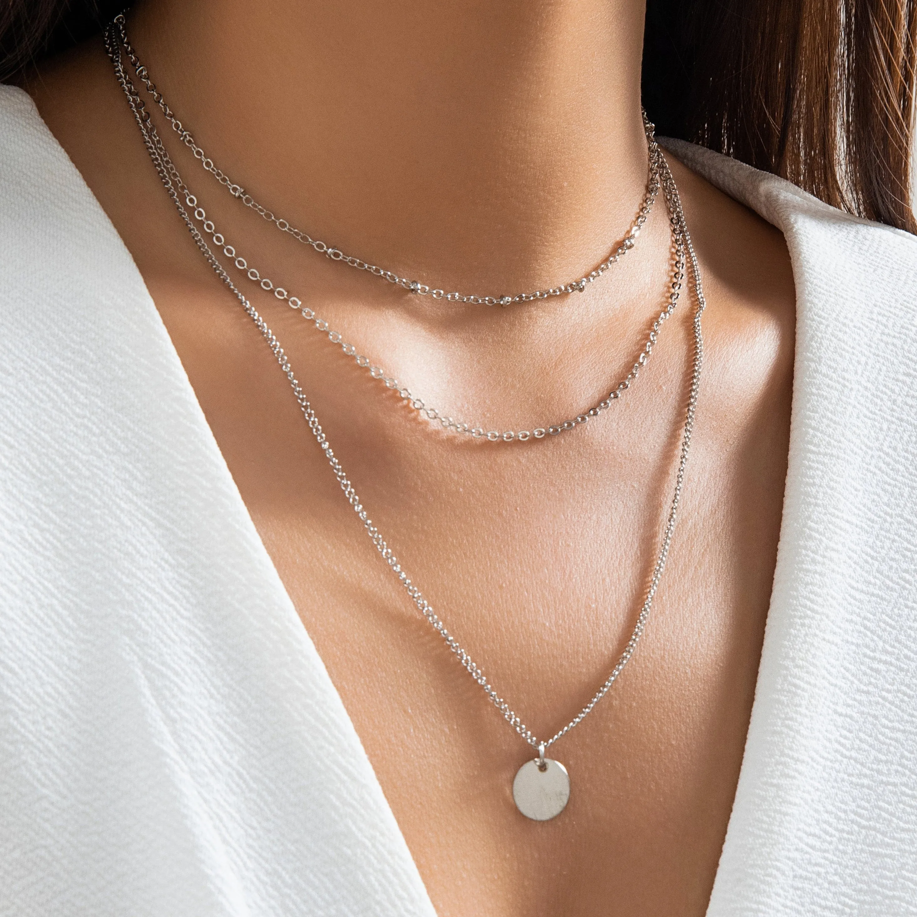 Trendy Layered Round Disk Pendant Cable Chain Necklace Set