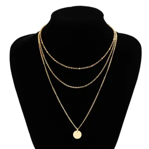 Trendy Layered Round Disk Pendant Cable Chain Necklace Set