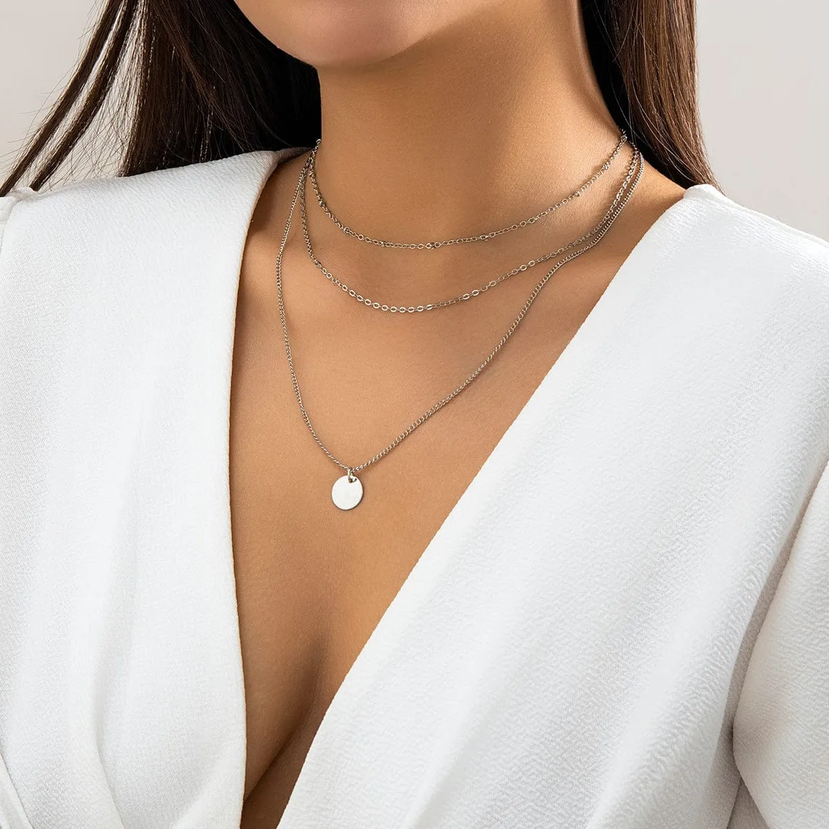 Trendy Layered Round Disk Pendant Cable Chain Necklace Set