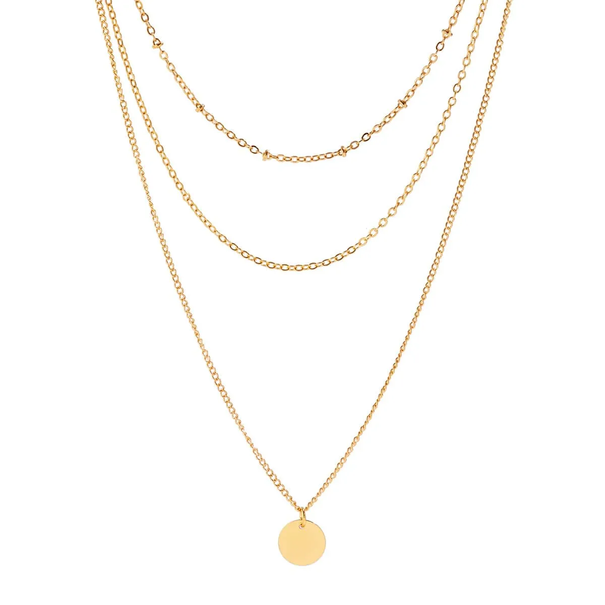 Trendy Layered Round Disk Pendant Cable Chain Necklace Set